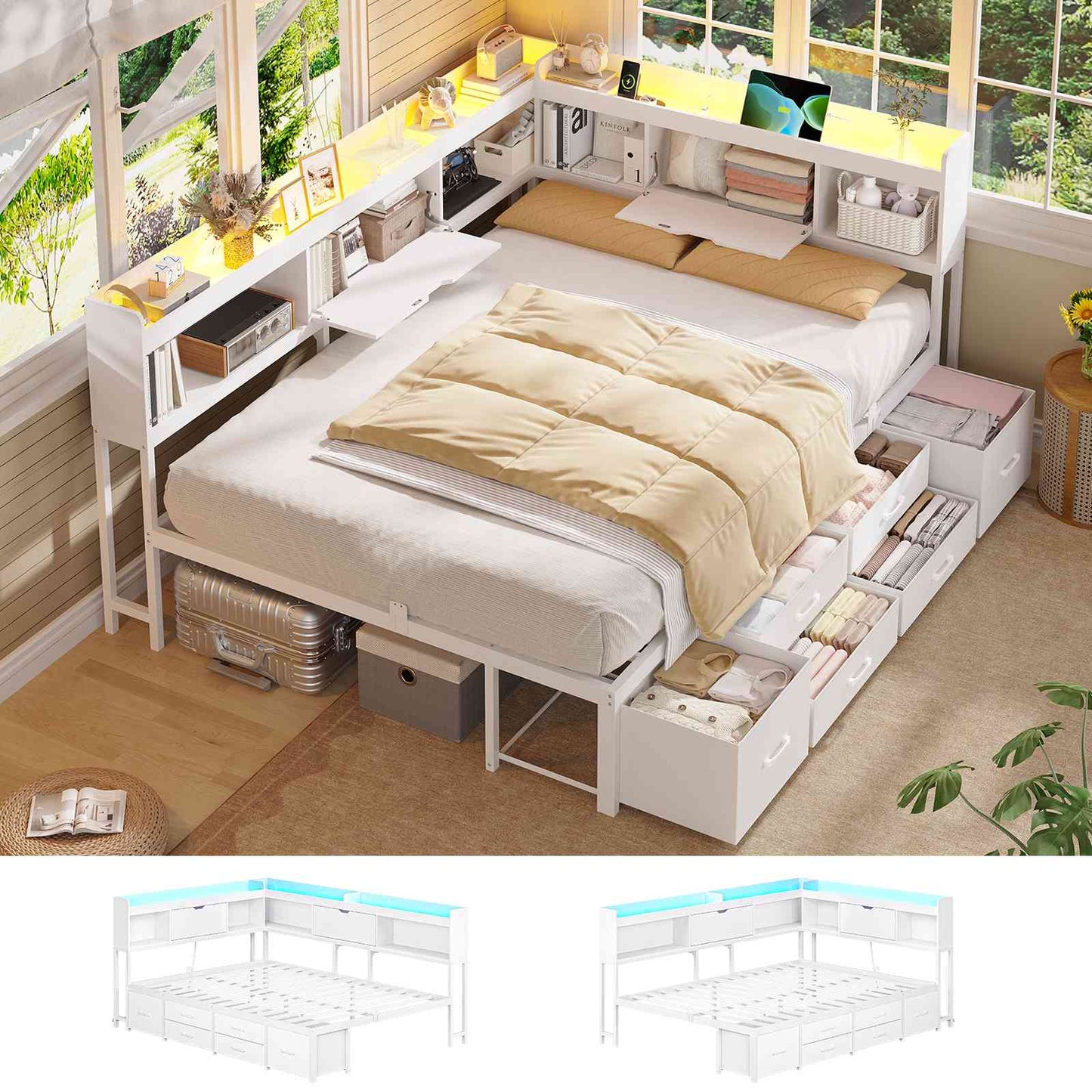 AOGLLATI Corner Bed Frame with 6 Storage Drawers and Bookcase Full Size Daybed with Charging Station and LED Lights for Kids Teens