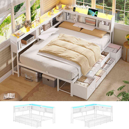 AOGLLATI Corner Bed Frame with 6 Storage Drawers and Bookcase Full Size Daybed with Charging Station and LED Lights for Kids Teens