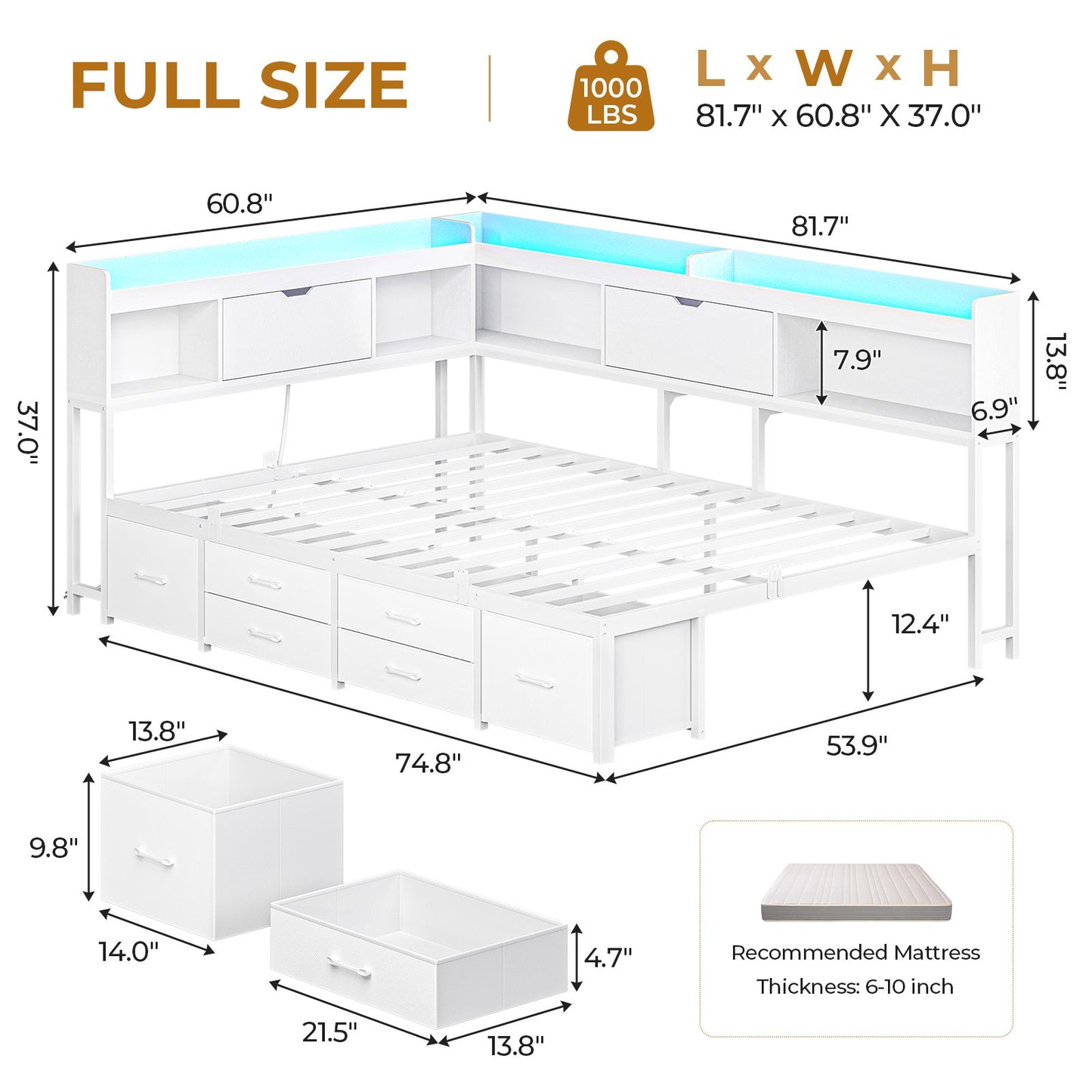 AOGLLATI Corner Bed Frame with 6 Storage Drawers and Bookcase Full Size Daybed with Charging Station and LED Lights for Kids Teens