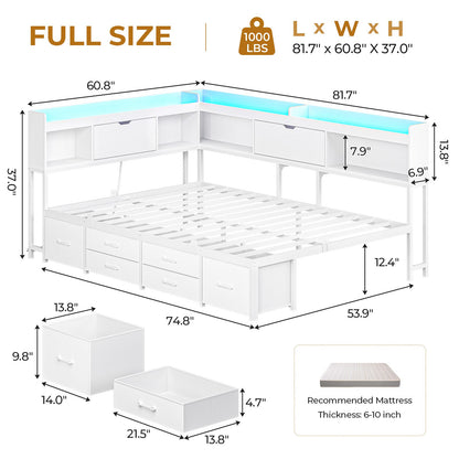 AOGLLATI Corner Bed Frame with 6 Storage Drawers and Bookcase Full Size Daybed with Charging Station and LED Lights for Kids Teens
