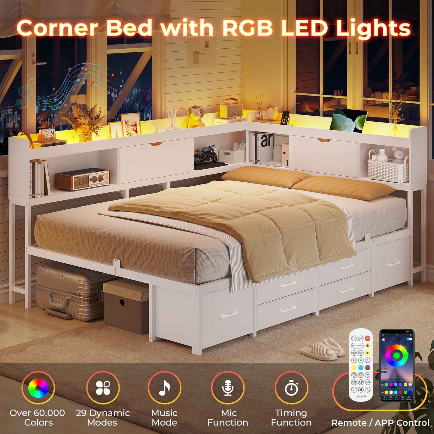 AOGLLATI Corner Bed Frame with 6 Storage Drawers and Bookcase Full Size Daybed with Charging Station and LED Lights for Kids Teens