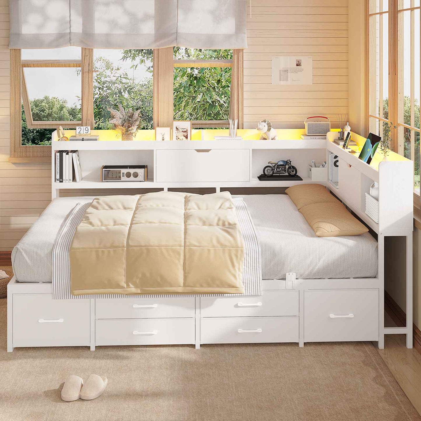 AOGLLATI Corner Bed Frame with 6 Storage Drawers and Bookcase Full Size Daybed with Charging Station and LED Lights for Kids Teens