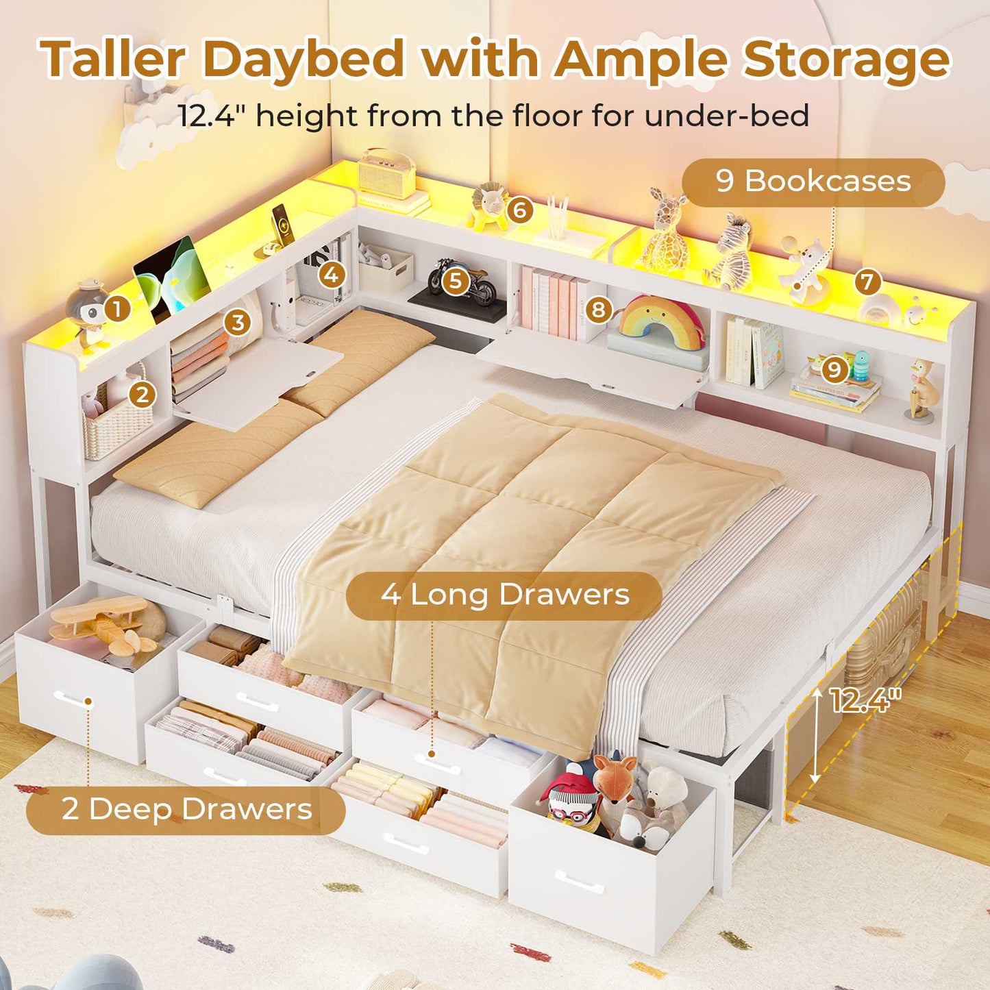 AOGLLATI Corner Bed Frame with 6 Storage Drawers and Bookcase Full Size Daybed with Charging Station and LED Lights for Kids Teens