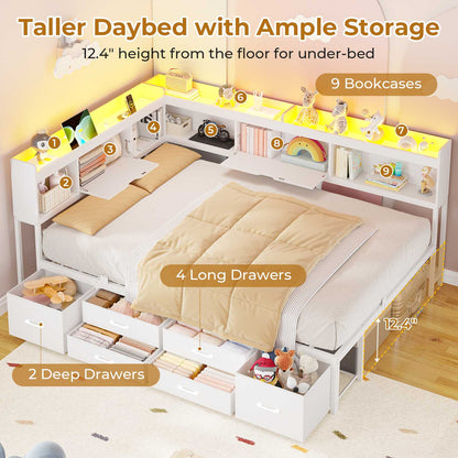 AOGLLATI Corner Bed Frame with 6 Storage Drawers and Bookcase Full Size Daybed with Charging Station and LED Lights for Kids Teens