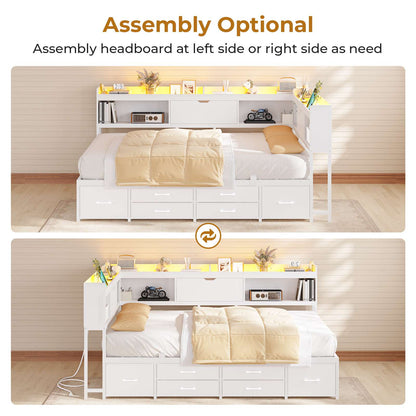 AOGLLATI Corner Bed Frame with 6 Storage Drawers and Bookcase Full Size Daybed with Charging Station and LED Lights for Kids Teens