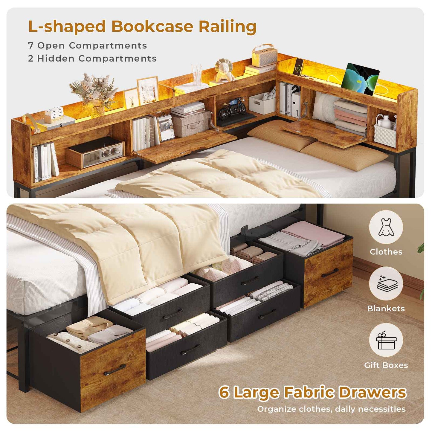AOGLLATI Corner Bed Frame with Bookcase and Hidden Storage Twin Size Daybed with Charging Station and Led Lights for Kids Teens