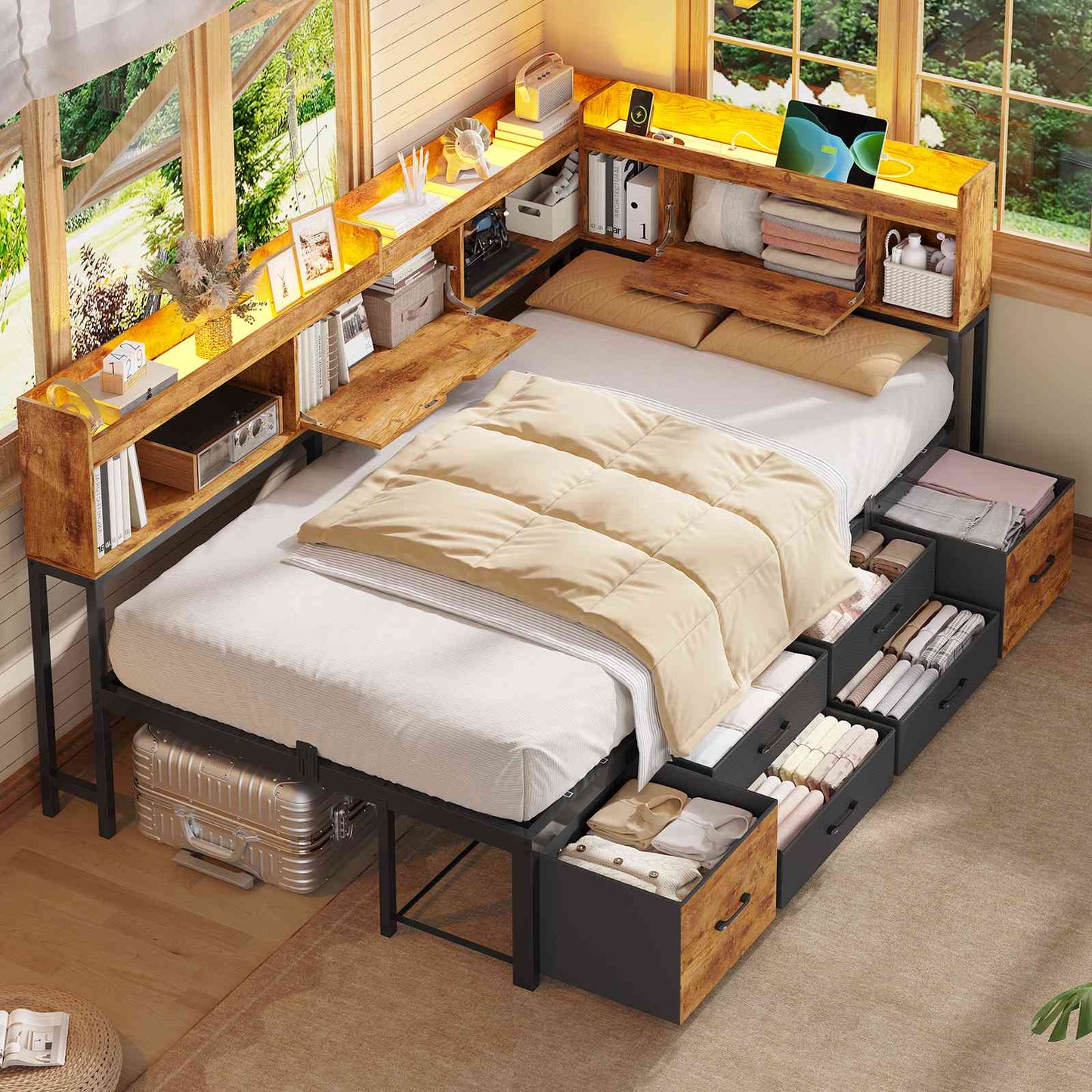 AOGLLATI Corner Bed Frame with Bookcase and Hidden Storage Twin Size Daybed with Charging Station and Led Lights for Kids Teens