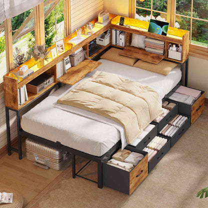 AOGLLATI Corner Bed Frame with Bookcase and Hidden Storage Twin Size Daybed with Charging Station and Led Lights for Kids Teens