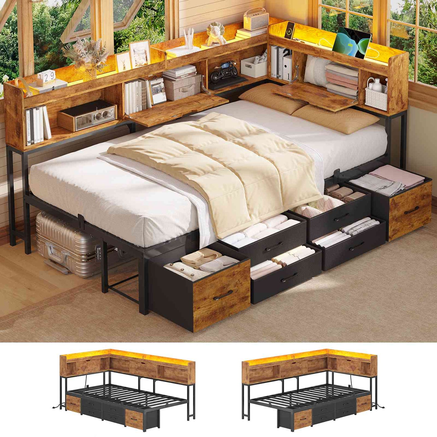 AOGLLATI Corner Bed Frame with Bookcase and Hidden Storage Twin Size Daybed with Charging Station and Led Lights for Kids Teens