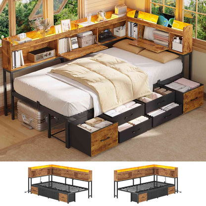 AOGLLATI Corner Bed Frame with Bookcase and Hidden Storage Twin Size Daybed with Charging Station and Led Lights for Kids Teens