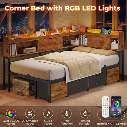 AOGLLATI Corner Bed Frame with Bookcase and Hidden Storage Twin Size Daybed with Charging Station and Led Lights for Kids Teens