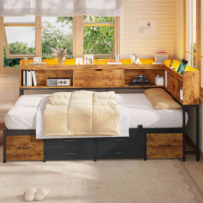 AOGLLATI Corner Bed Frame with Bookcase and Hidden Storage Twin Size Daybed with Charging Station and Led Lights for Kids Teens