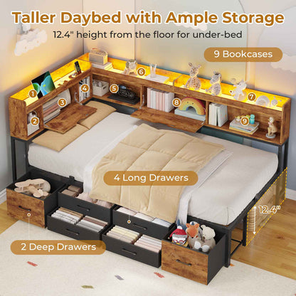 AOGLLATI Corner Bed Frame with Bookcase and Hidden Storage Twin Size Daybed with Charging Station and Led Lights for Kids Teens