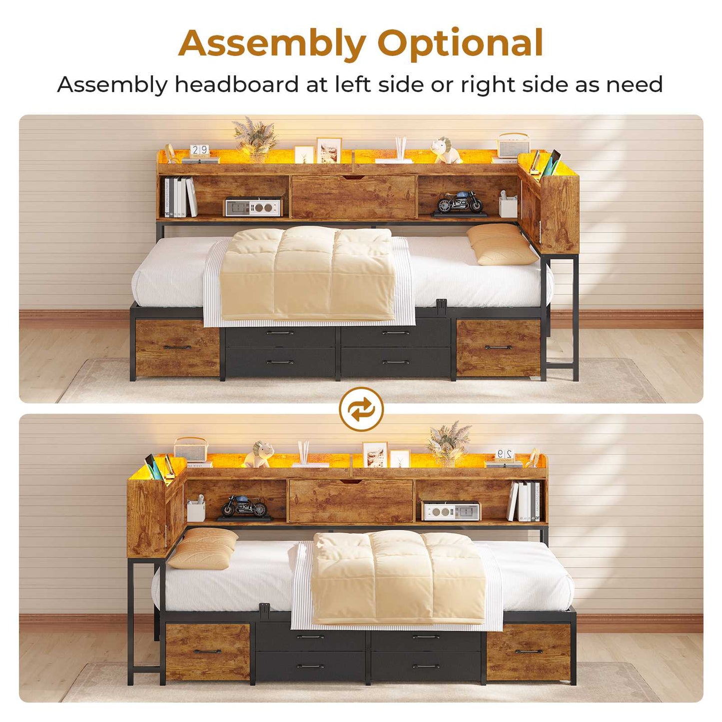 AOGLLATI Corner Bed Frame with Bookcase and Hidden Storage Twin Size Daybed with Charging Station and Led Lights for Kids Teens