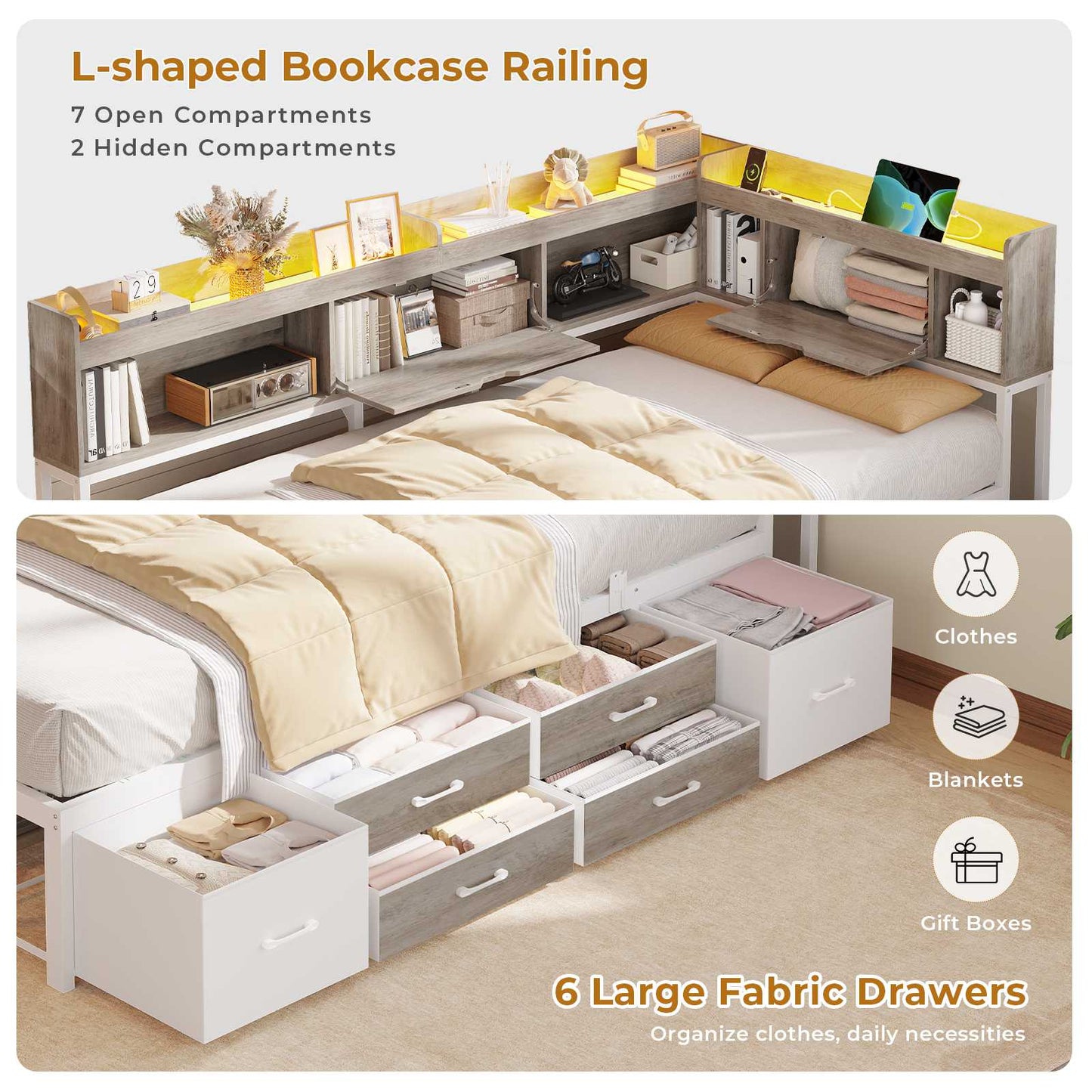 AOGLLATI Corner Bed Frame with Bookcase and Hidden Storage Twin Size Daybed with Charging Station and Led Lights for Kids Teens