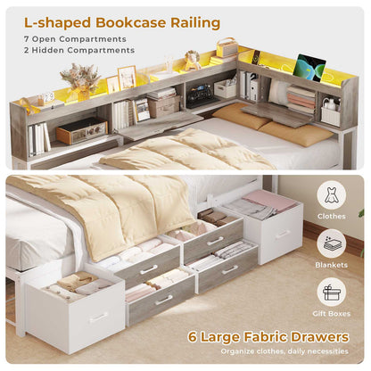 AOGLLATI Corner Bed Frame with Bookcase and Hidden Storage Twin Size Daybed with Charging Station and Led Lights for Kids Teens