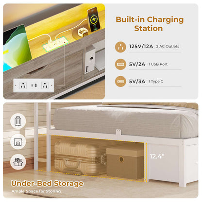 AOGLLATI Corner Bed Frame with Bookcase and Hidden Storage Twin Size Daybed with Charging Station and Led Lights for Kids Teens