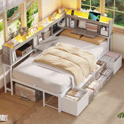 AOGLLATI Corner Bed Frame with Bookcase and Hidden Storage Twin Size Daybed with Charging Station and Led Lights for Kids Teens