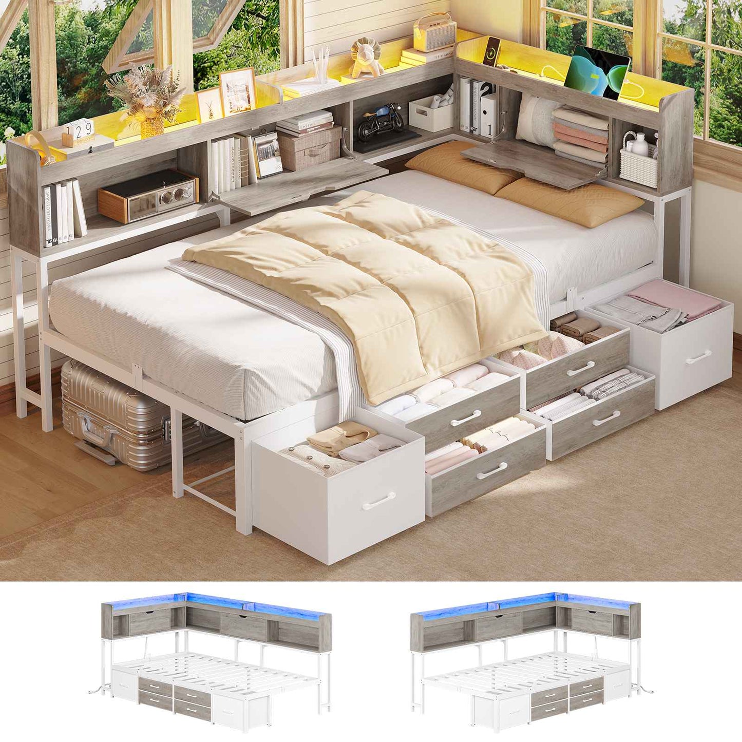 AOGLLATI Corner Bed Frame with Bookcase and Hidden Storage Twin Size Daybed with Charging Station and Led Lights for Kids Teens