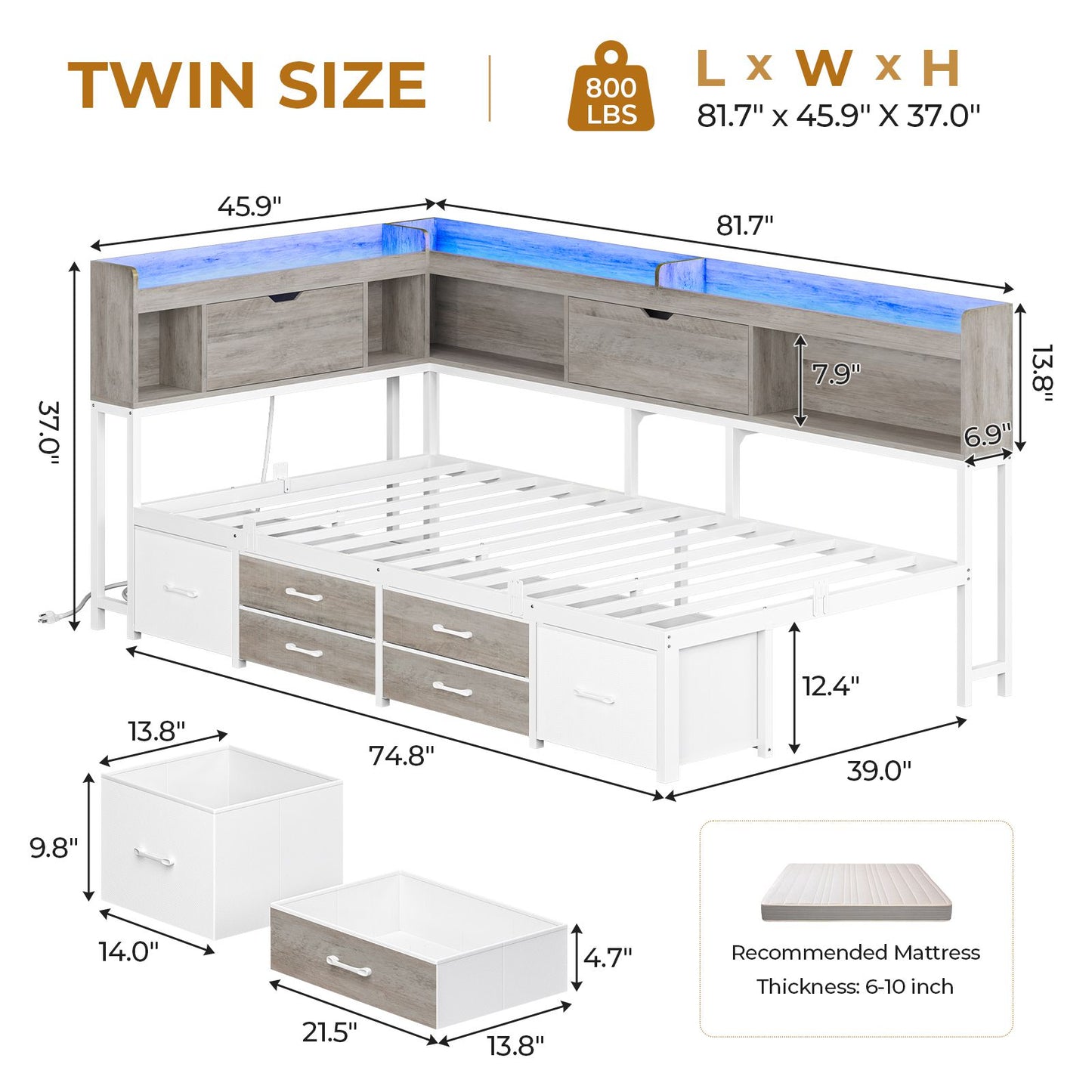 AOGLLATI Corner Bed Frame with Bookcase and Hidden Storage Twin Size Daybed with Charging Station and Led Lights for Kids Teens