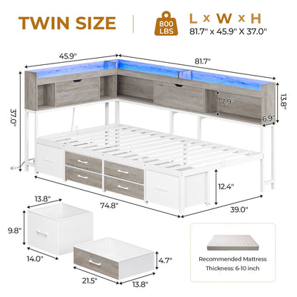 AOGLLATI Corner Bed Frame with Bookcase and Hidden Storage Twin Size Daybed with Charging Station and Led Lights for Kids Teens