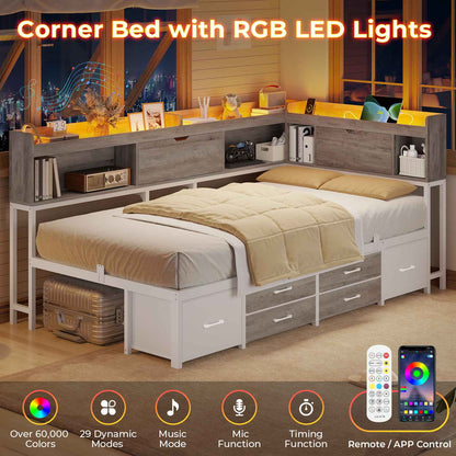 AOGLLATI Corner Bed Frame with Bookcase and Hidden Storage Twin Size Daybed with Charging Station and Led Lights for Kids Teens