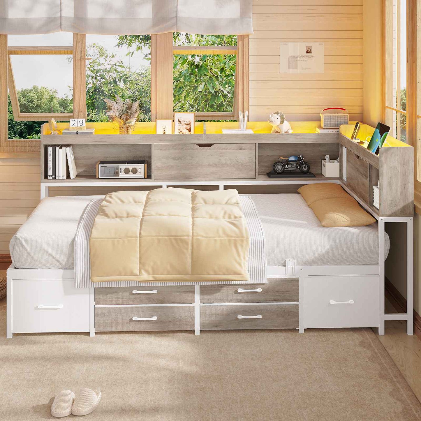 AOGLLATI Corner Bed Frame with Bookcase and Hidden Storage Twin Size Daybed with Charging Station and Led Lights for Kids Teens