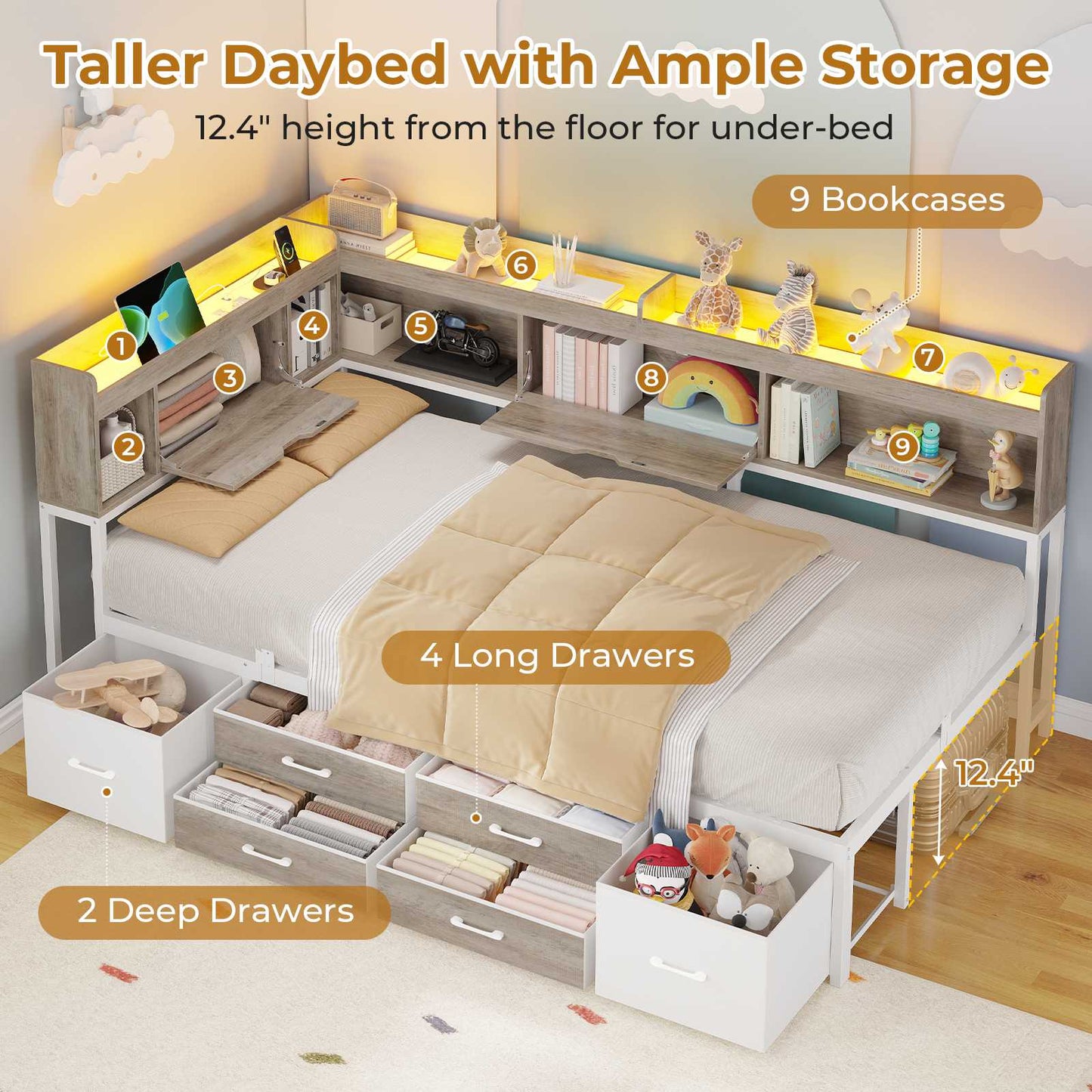 AOGLLATI Corner Bed Frame with Bookcase and Hidden Storage Twin Size Daybed with Charging Station and Led Lights for Kids Teens