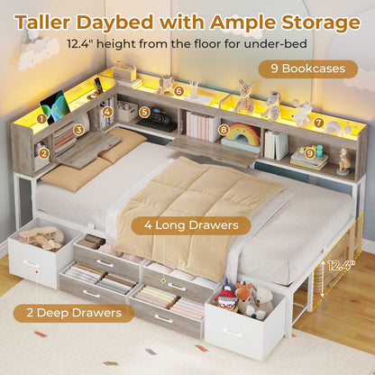 AOGLLATI Corner Bed Frame with Bookcase and Hidden Storage Twin Size Daybed with Charging Station and Led Lights for Kids Teens