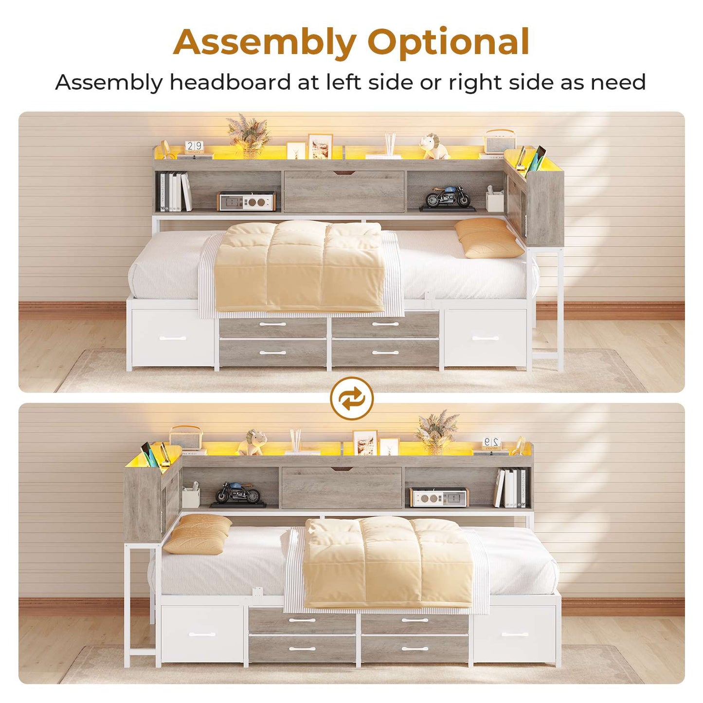 AOGLLATI Corner Bed Frame with Bookcase and Hidden Storage Twin Size Daybed with Charging Station and Led Lights for Kids Teens