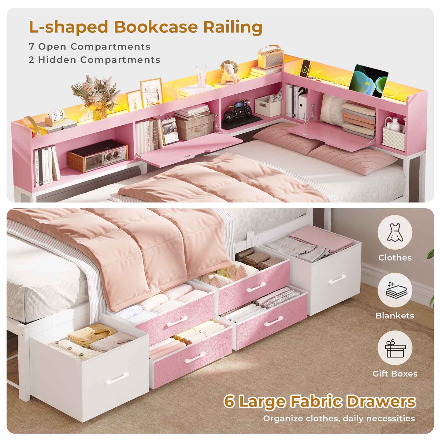 AOGLLATI Corner Bed Frame with Bookcase and Hidden Storage Twin Size Daybed with Charging Station and Led Lights for Kids Teens