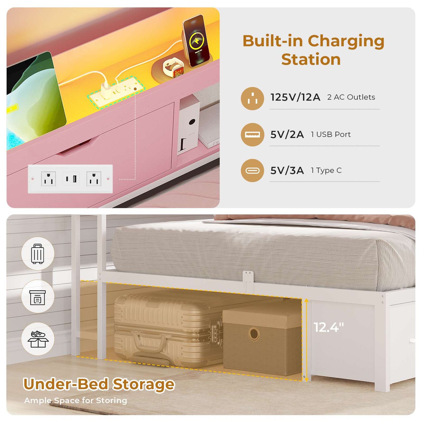 AOGLLATI Corner Bed Frame with Bookcase and Hidden Storage Twin Size Daybed with Charging Station and Led Lights for Kids Teens