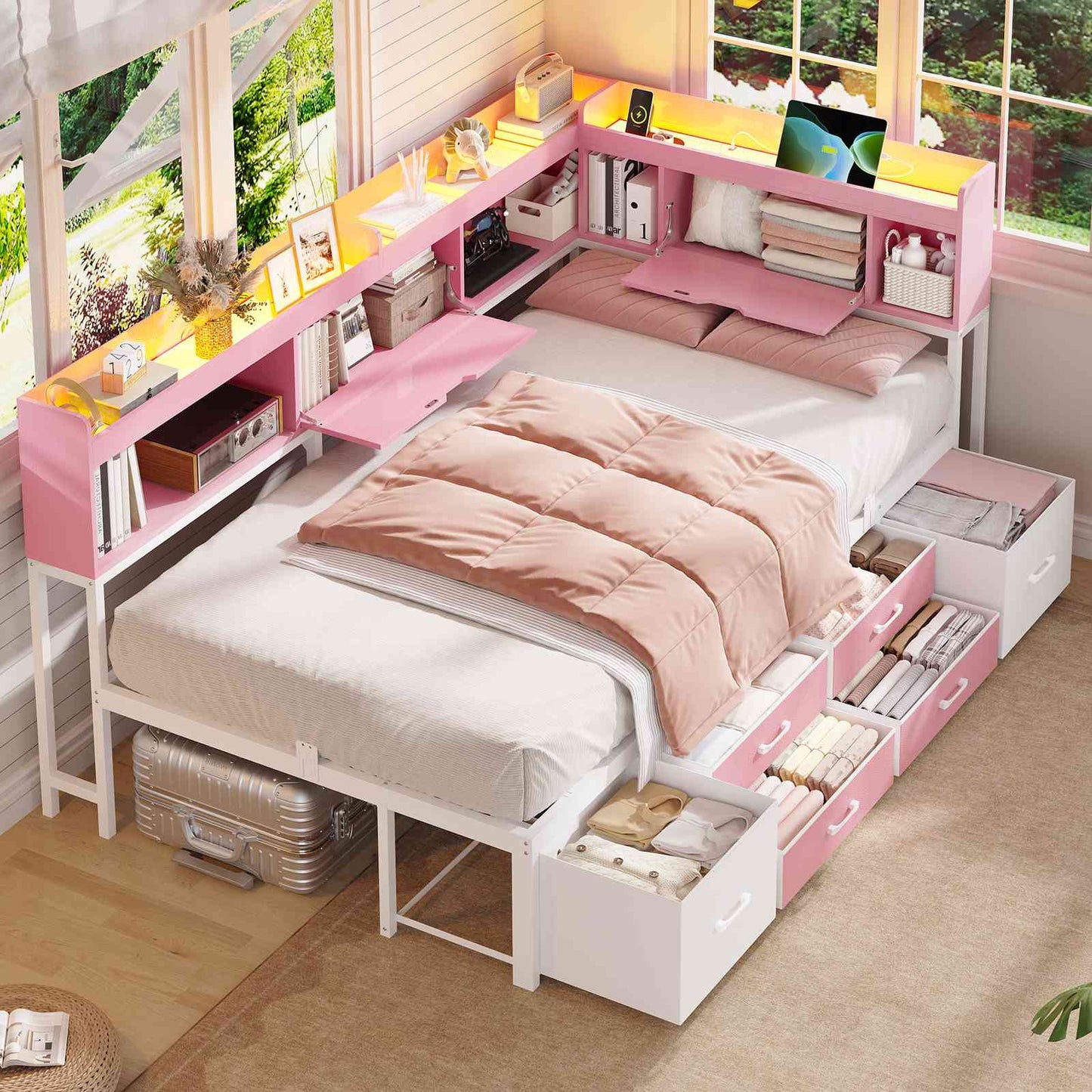 AOGLLATI Corner Bed Frame with Bookcase and Hidden Storage Twin Size Daybed with Charging Station and Led Lights for Kids Teens