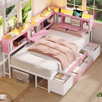 AOGLLATI Corner Bed Frame with Bookcase and Hidden Storage Twin Size Daybed with Charging Station and Led Lights for Kids Teens