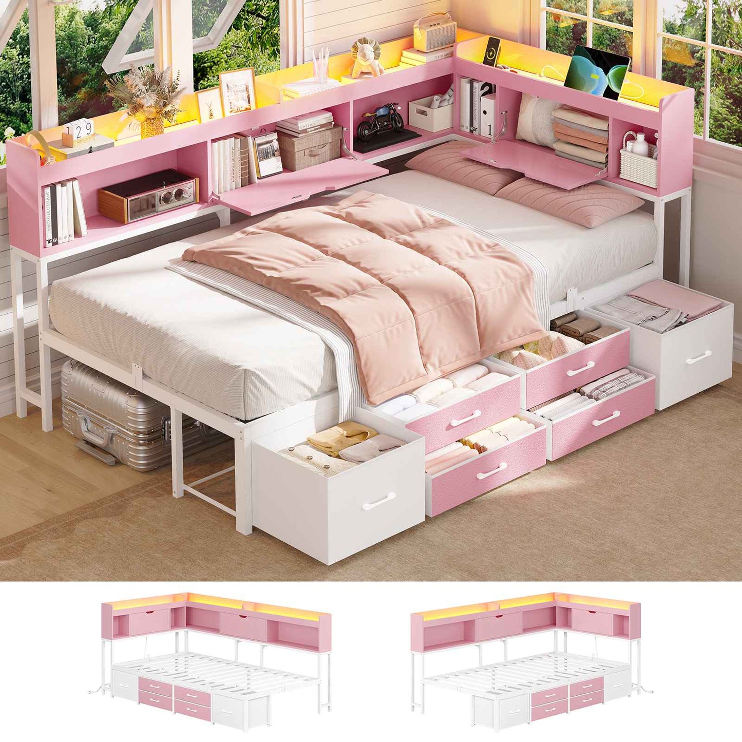 AOGLLATI Corner Bed Frame with Bookcase and Hidden Storage Twin Size Daybed with Charging Station and Led Lights for Kids Teens