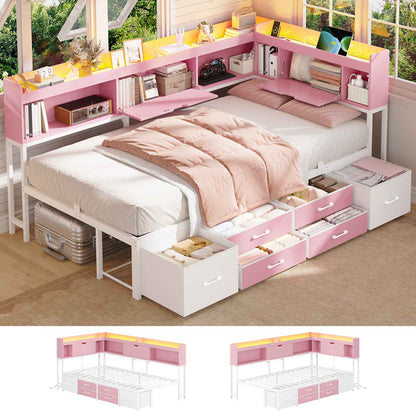 AOGLLATI Corner Bed Frame with Bookcase and Hidden Storage Twin Size Daybed with Charging Station and Led Lights for Kids Teens