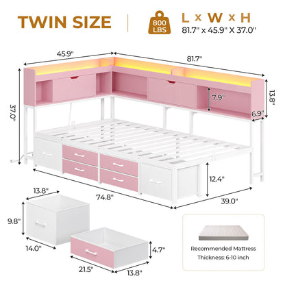 AOGLLATI Corner Bed Frame with Bookcase and Hidden Storage Twin Size Daybed with Charging Station and Led Lights for Kids Teens