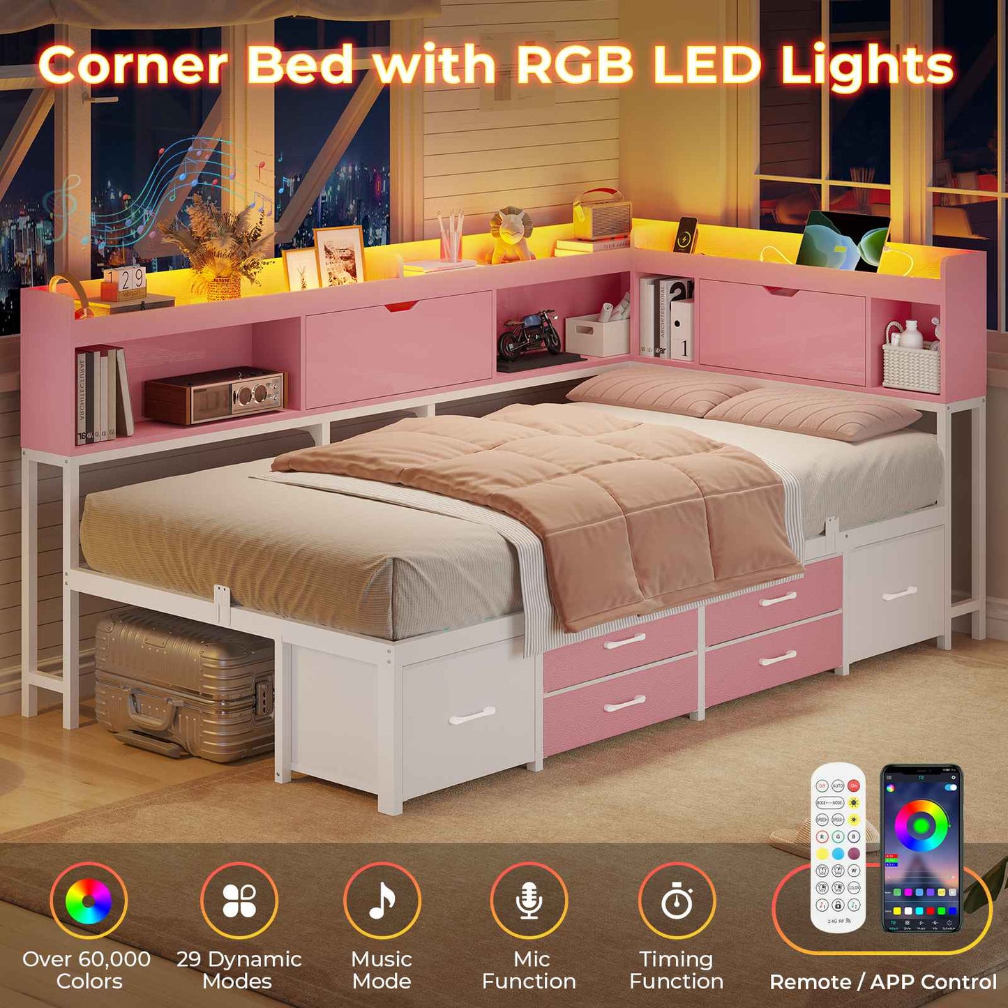 AOGLLATI Corner Bed Frame with Bookcase and Hidden Storage Twin Size Daybed with Charging Station and Led Lights for Kids Teens