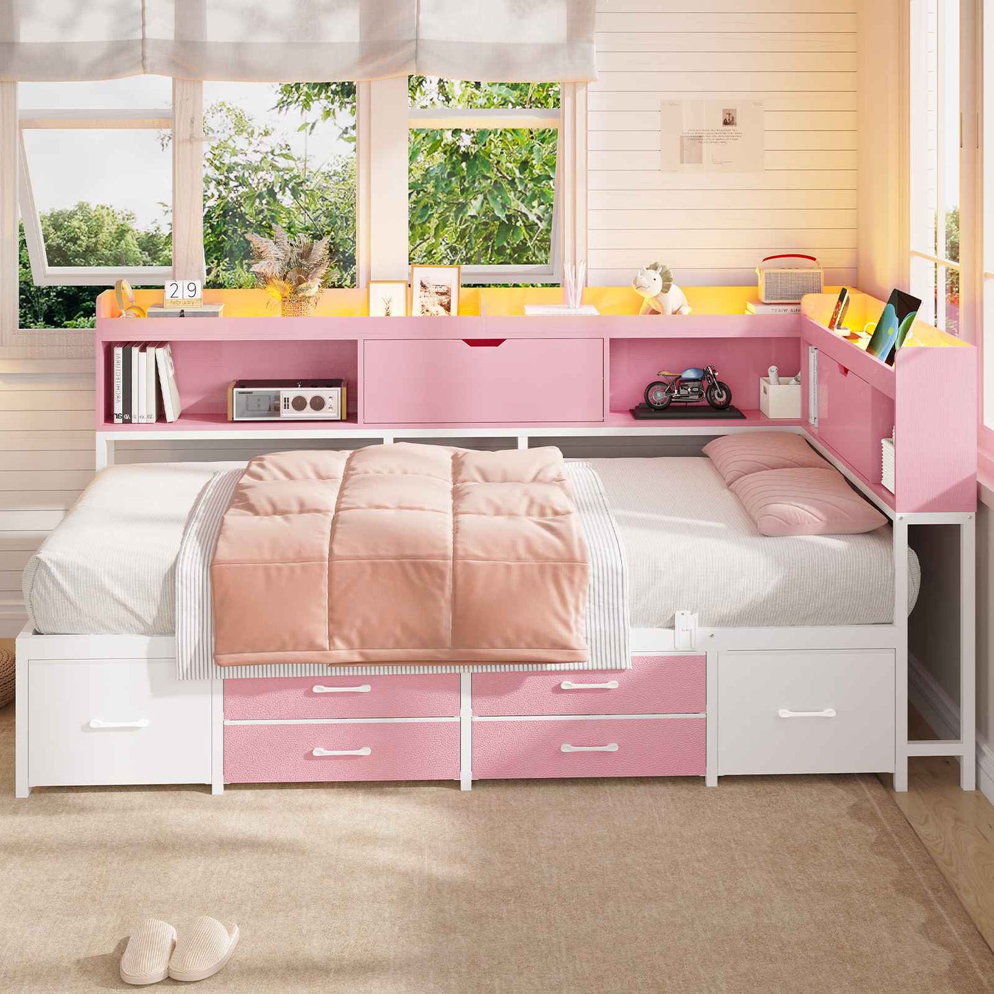 AOGLLATI Corner Bed Frame with Bookcase and Hidden Storage Twin Size Daybed with Charging Station and Led Lights for Kids Teens