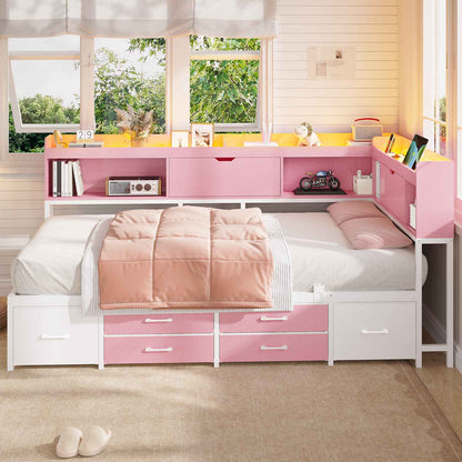 AOGLLATI Corner Bed Frame with Bookcase and Hidden Storage Twin Size Daybed with Charging Station and Led Lights for Kids Teens