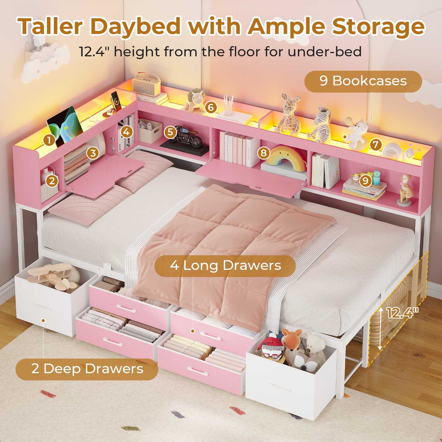 AOGLLATI Corner Bed Frame with Bookcase and Hidden Storage Twin Size Daybed with Charging Station and Led Lights for Kids Teens