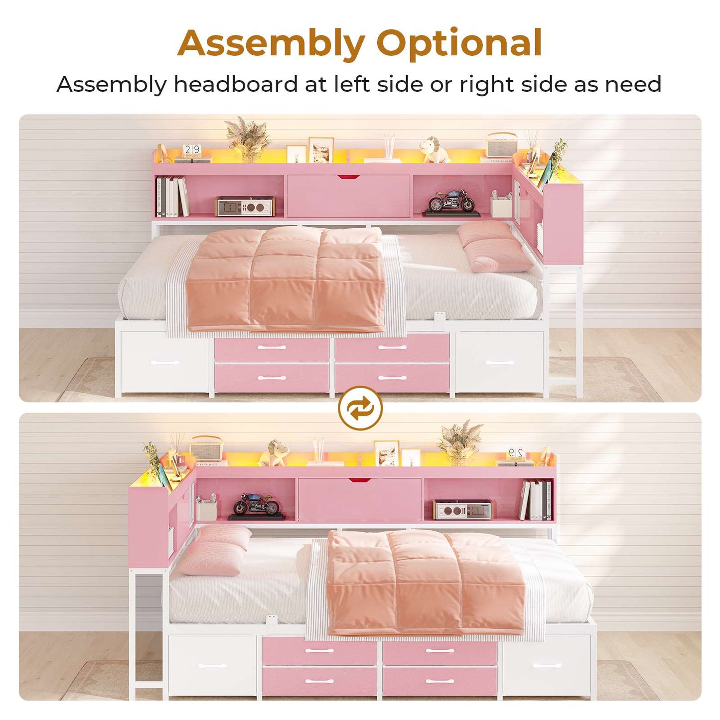 AOGLLATI Corner Bed Frame with Bookcase and Hidden Storage Twin Size Daybed with Charging Station and Led Lights for Kids Teens