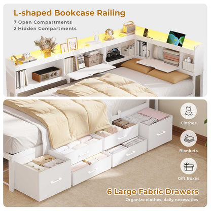 AOGLLATI Corner Bed Frame with Bookcase and Hidden Storage Twin Size Daybed with Charging Station and Led Lights for Kids Teens