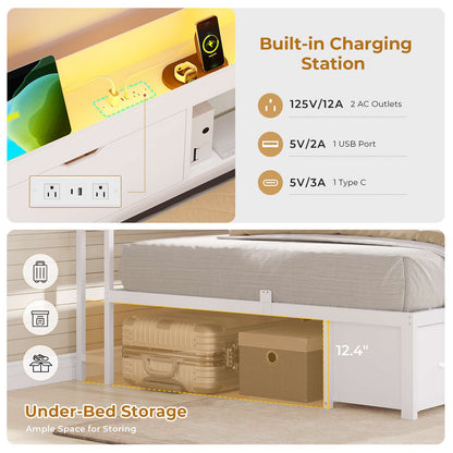 AOGLLATI Corner Bed Frame with Bookcase and Hidden Storage Twin Size Daybed with Charging Station and Led Lights for Kids Teens