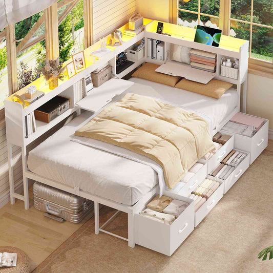 AOGLLATI Corner Bed Frame with Bookcase and Hidden Storage Twin Size Daybed with Charging Station and Led Lights for Kids Teens
