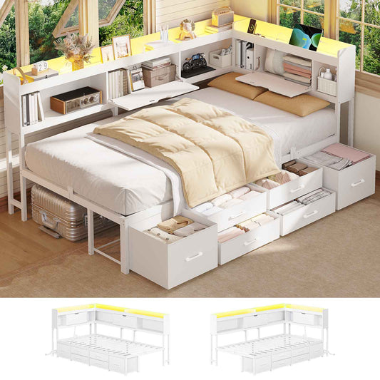 AOGLLATI Corner Bed Frame with Bookcase and Hidden Storage Twin Size Daybed with Charging Station and Led Lights for Kids Teens