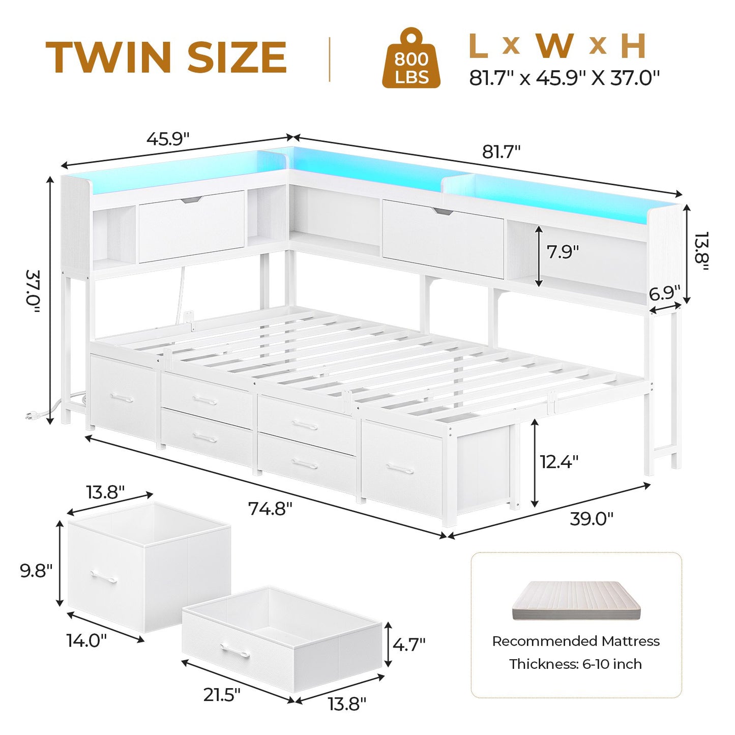 AOGLLATI Corner Bed Frame with Bookcase and Hidden Storage Twin Size Daybed with Charging Station and Led Lights for Kids Teens