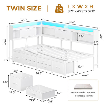 AOGLLATI Corner Bed Frame with Bookcase and Hidden Storage Twin Size Daybed with Charging Station and Led Lights for Kids Teens