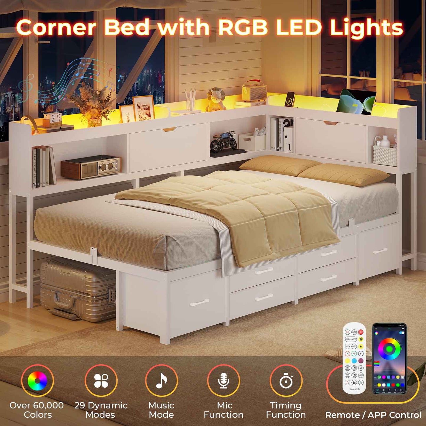 AOGLLATI Corner Bed Frame with Bookcase and Hidden Storage Twin Size Daybed with Charging Station and Led Lights for Kids Teens
