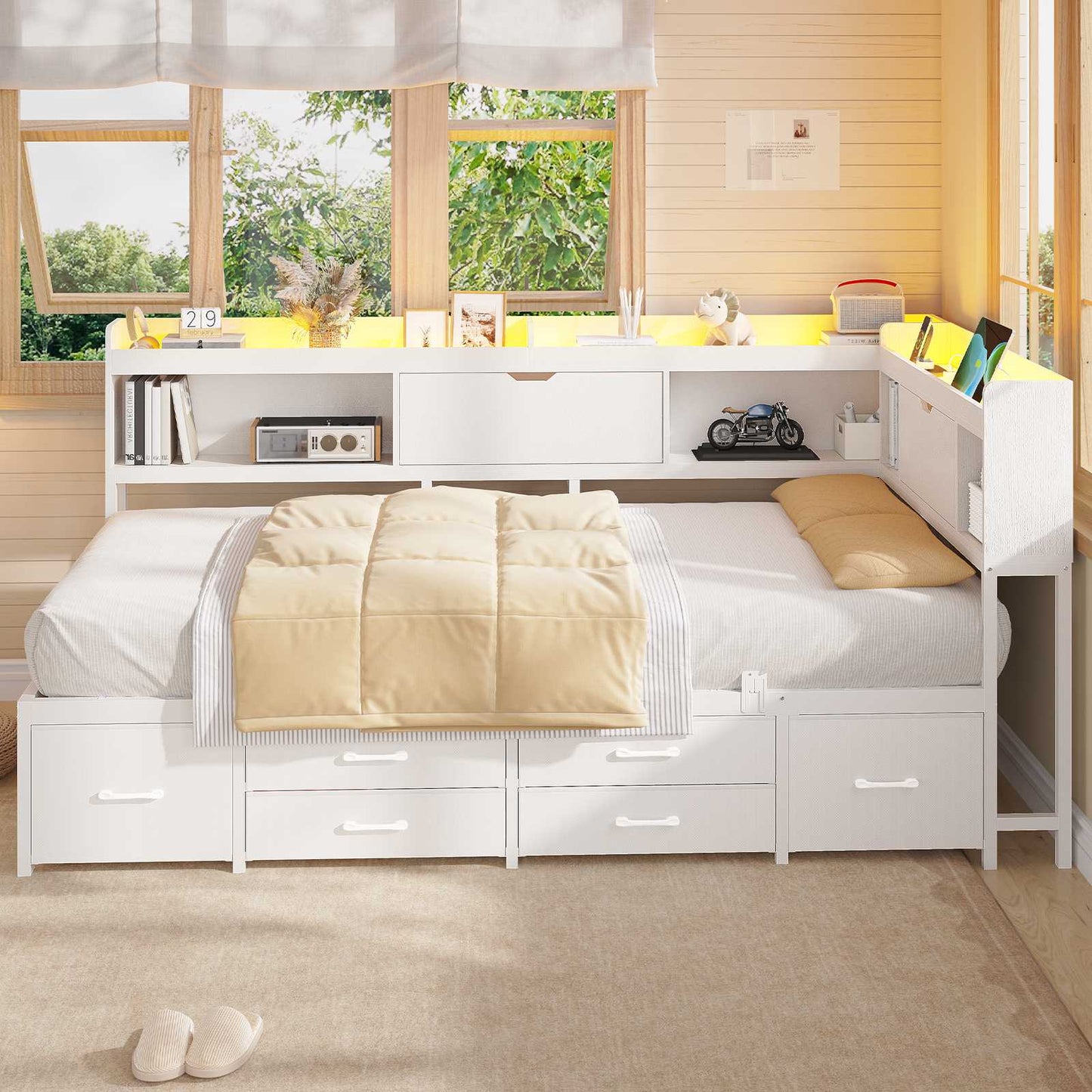 AOGLLATI Corner Bed Frame with Bookcase and Hidden Storage Twin Size Daybed with Charging Station and Led Lights for Kids Teens